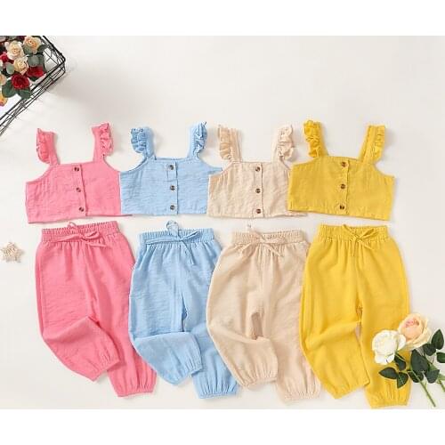 Pudcoco Toddler Baby Girl Clothes sets Solid Color Sleeveless Strap Crop Button Tops Long Pants 2Pcs Outfits Clothes 1-6Y