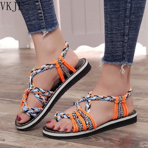 Women Sandals Summer Mixed Colors Rope Knot Sandals Women Casual Beach Sandals Women Closed Toe Flat Romen Sandals Plus Size