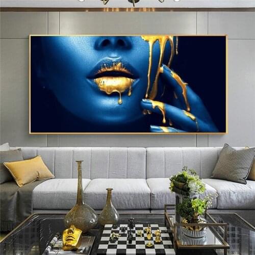 Sexy Gold Lips African Woman Canvas Paintings On The Wall Art Posters And Prints Half Face Black Girl Pictures For Living Room