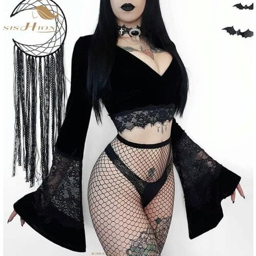 Sexy Women Gothic Crop Top Flare Long Sleeve Lace Hollow Out Black T-shirt Retro Bodycon Female V-neck Tops Elegant Top VD2204