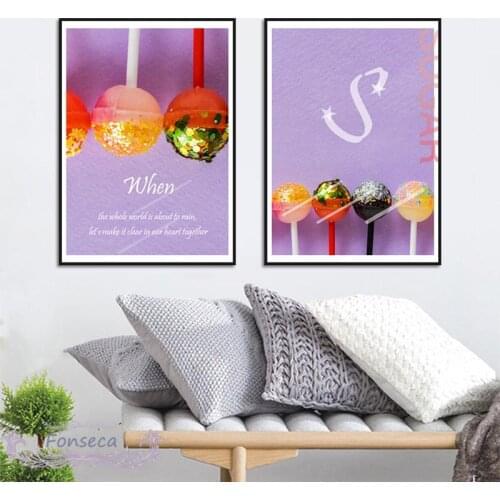 Nordic Style Purple Background Lollipop Canvas Painting Sugar Candy Poster Living Room Decoration Small Fresh Wall Art Picture
