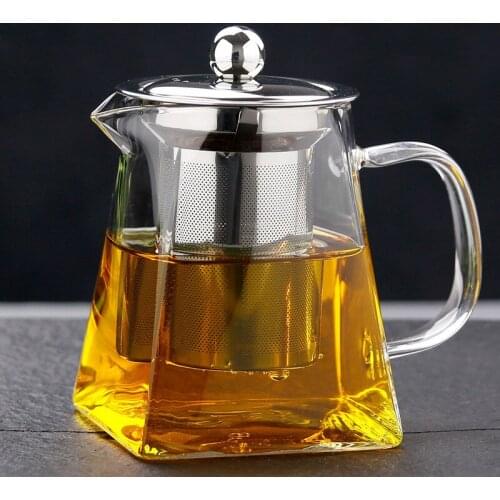Handmade Heat-Resistant Borosilicate Glass Tea Set with Stainless Steel Filter Water Pot Square Flower Teapot Transparent Kettle