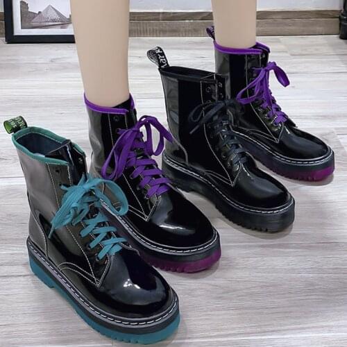 Trending Women 2020 Patent Leather Chelsea Boots Purple Lace Up Martin Boots Green Sewing Platform Ankle Boots Lady Party Shoes