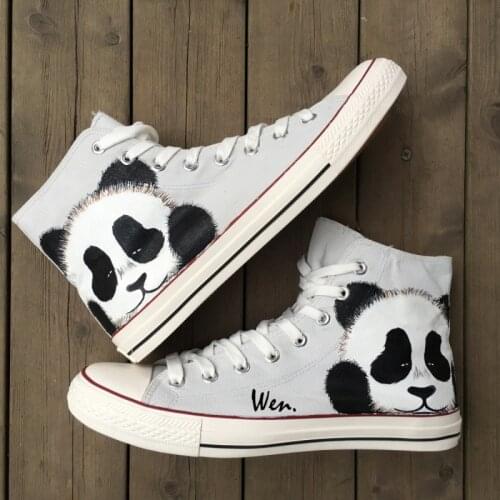 Wen Hand Painted Grey Shoes Design Custom Cute Panda Men Womens High Top Canvas Sneakers for Boys Girls Christmas Gifts