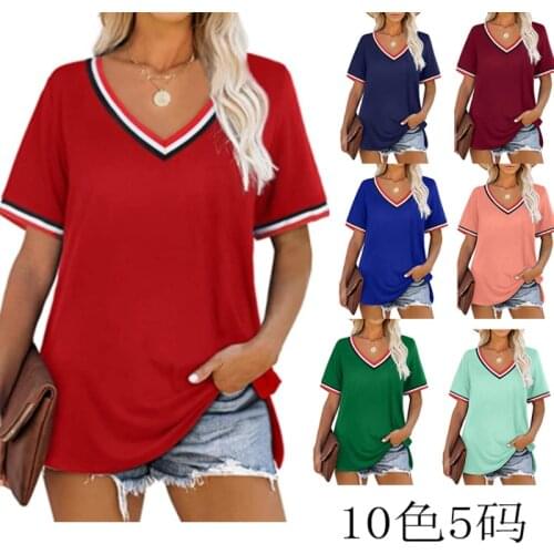 2021 New European and American Striped Patchwork Assorted Colors Short Sleeve V-neck T-shirt Womens Clothing