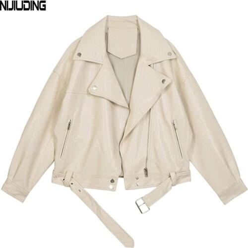 NIJIUDING womens Faux Leather 2020 winter new vintage white turn down collar long sleeve short locomotive PU Jackets female