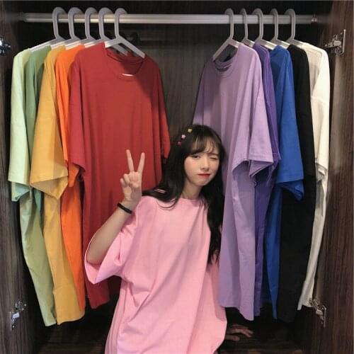 2021 New Candy Color Summer Short Sleeve Purple Black Yellow Red 10 Color Optional Loose Medium Length Short Sleeves for Woman