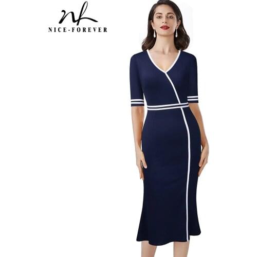 Nice-Forever Contrast Color Patchwork Elegant Mermaid Dresses Business Formal Party Fitted Slim Women Dress B604