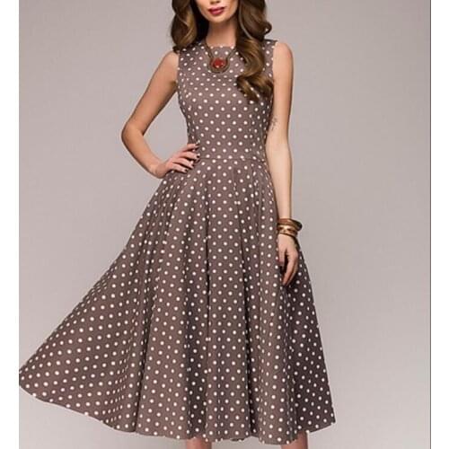 4XL Vintage dress casual Summer sleeveless O-neck vestidos Women elegant dot print Mid-Calf Female Summer vestidos plus size