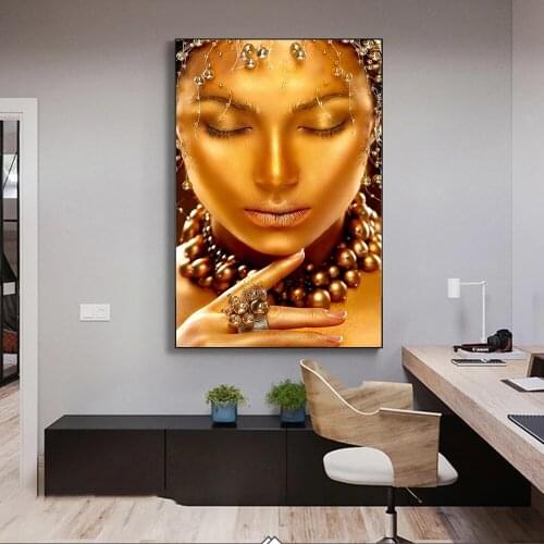 Gold Woman With Gold Jewellery Canvas Paintings On The Wall Art Posters And Prints African Makeup Art Pictures Wall Decor Cuadro