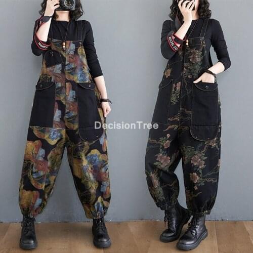 2021 print spliced denim overalls women wide leg jumpsuits baggy suspenders cowboy pants jean bodysuits big drop crotch rompers