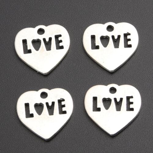30pcs 15x15mm Silver Color Hollow Letter Love Heart Pendants Jewelry Finding Accessories DIY Necklace A1160