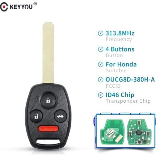 KEYYOU Car Keyless Entry Remote Key 4 Buttons 313.8Mhz With ID46 Chip OUCG8D-380H-A Fob For Honda Accord Fit Civic 2003-2007