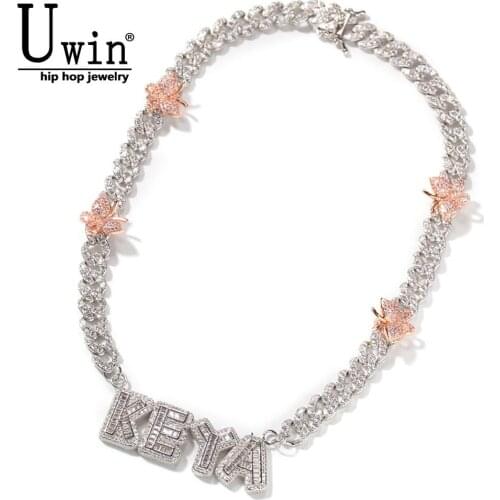 Uiwn Name Necklace 9mm Cuban Chain With Butterfly Baguette Letters Full Iced Out Zircon Pendant Gift HipHop Jewelry