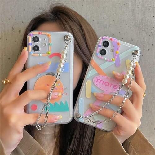 INS Cute Geometric Color Block Phone Case for Iphone 7 8 Puls X XR XS 11 12 Pro Max Soft Shockproof Cover with Pearl Bracelet
