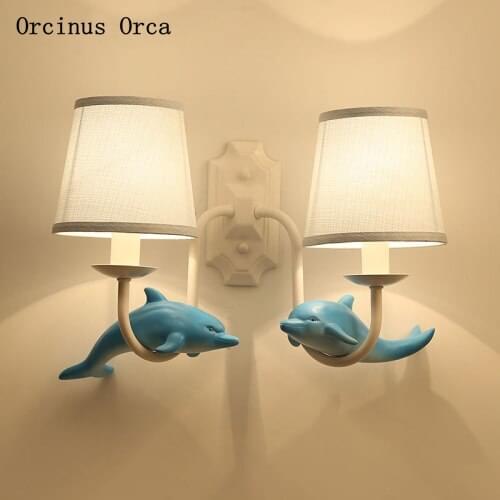 European Pastoral Blue Dolphin Wall Lamp Boys'Bedroom Childrens Room Lamp Cartoon Creative LED Small Fish Wall Lamp