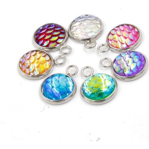Fnixtar Multicolor Stainless Steel Mermaid Fish Scale Charm Faux Druzy Cabochon Resin Round Pendant Making 10mm 20piece/lot