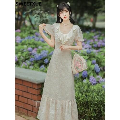 SWEETXUE French Retro Chiffon Stitching Lace Embroidery Dress 2021 Summer New Sweet Romantic Fairy Ruffle Long Dress Vestidos