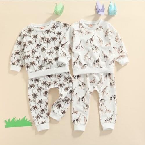 2021-08-04 Lioraitiin 0-3Years Toddler Baby Boy’s T-shirt and Trousers Set Cartoon Animal Print Long Sleeve Tops Long Pants
