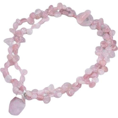 GuaiGuai Jewelry 18" 2 Strands Natural Rose Quartz Gems Stone Necklace Rose Crystal Pendant