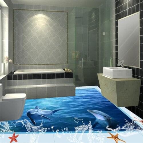 Beibehang Floor painting HD dolphin blue sea white border Waterproof Bathroom kitchen PVC Wall paper Self wall sticker Floor