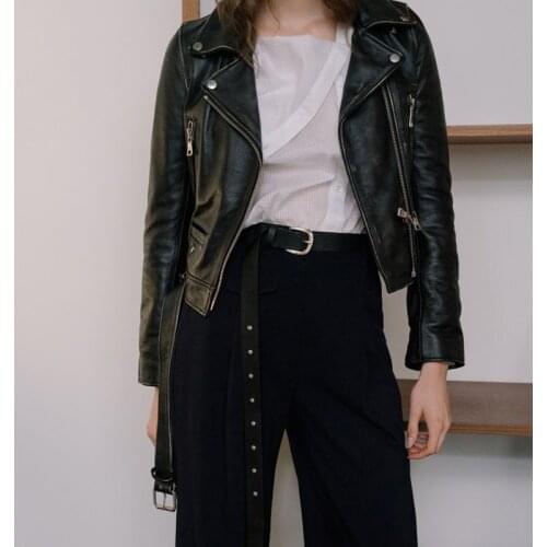 Pu Leather Jackets Belt Zipper Moto Biker Coat New Women Black Faux Leather Jacket Autumn Winter Short Soft