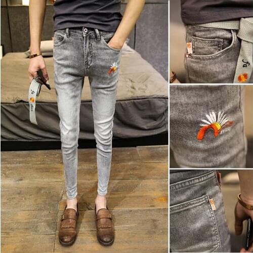 Embroidered Denim jeans mens trendy brand slim-fit feet pants male handsome spirit guy light-colored casual teenager pants