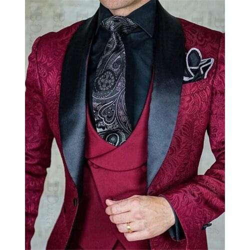 3pcs Men Clothing Formal Business Suits Set Burgundy Blazer with Black Pants Mens Suits Shawl Lapel Wedding Costume Suits