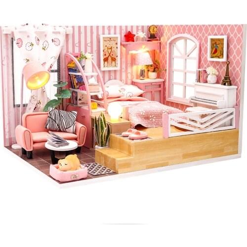 DIY Pink Loft Wooden Dollhouse Kit Assembled Miniature Light Furniture Princess Casa Doll House Toys for Children Girls Gifts