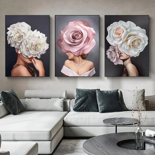 Pink White Head Flower Lady Wall Art Figure Fashion Abstract Picture Nordic Posters And Prints Canvas Painting Home Decor