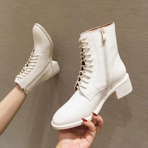 New black/white leather winter ankle boots women thick med-high heels short booties lace up cowboy chelsea boots for women 603