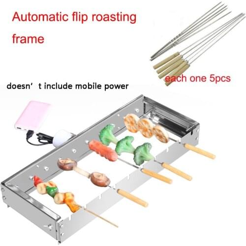 50cm 10 holes stainless steel Automatic flipping shelf Adjusting the width Barbecue Grill Rolling roasting needles skewers tools
