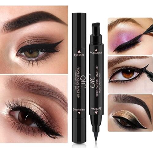 QIC Double-Headed Seal Black Eyeliner Triangle Seal Eyeliner 2 in 1 Waterproof Eyeliner Pen Eyeliner Eyes Makeup with Stamp