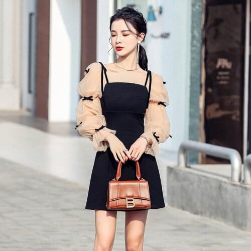 QOERLIN French Suspender Strap Black Dress Mini Long Sleeve Petal Sleeve Bowknot Dress 2021 Mesh Stitching Plus Size Sundress