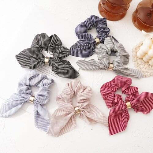 Korea Cute Rabbit Ear Striped Metal Buckle Hair Scrunchies Elastic Hair Bands Ties Rope Bands Ponytail Bands Hair Accessories
