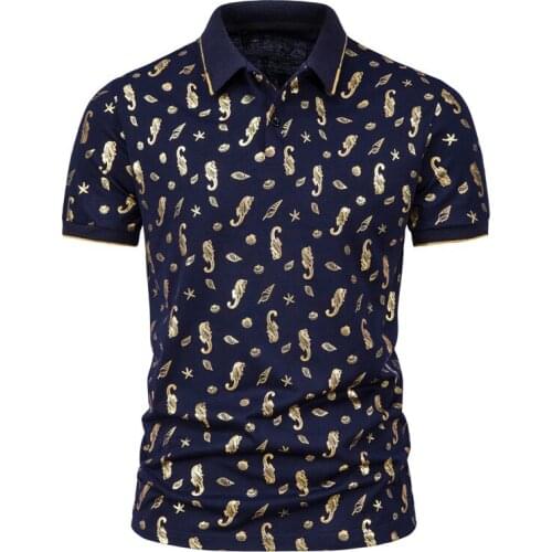 Short Sleeve Polo Shirt Men Sea Horse Conch Gold Print Short-Sleeved Lapel T-Shirt Polo Casual Slim Solid Business Clothing 3XL