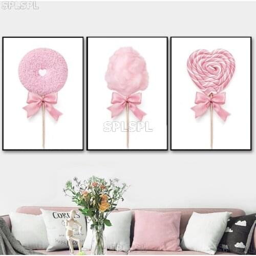 Nordic Posters and Prints Pink Cotton Candy Lollipop Donut Canvas Painting Wall Pictures for Girl Room Dessert Shop Decoration