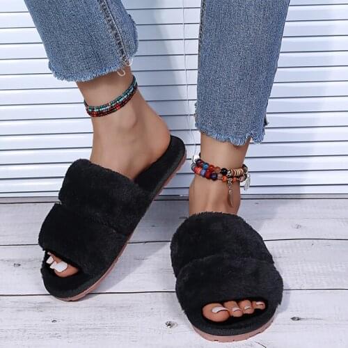 Faux Fur Slippers Slides Winter Warm Fluffy Slippers Shoes Women Cozy Indoor Floor Slides Flat Soft Furry Shoes Ladies Female