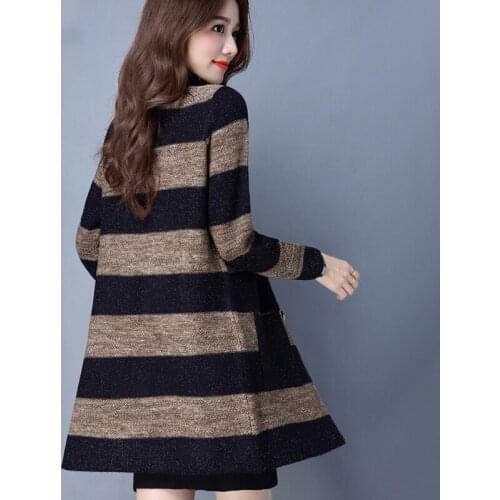 Woem sweater knitted outerwear 2020 autumn and winter fashion medium-long cardigan sweater female bold stripe pocket button A45