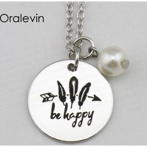 BE HAPPY Inspirational Hand Stamped Engraved Custom Charm Round Pendant Chain Necklace Metal Stamped Jewelry,10Pcs/Lot, #LN2339