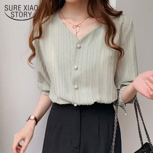 Summer Casual Womens Chiffon Blouses Female Casual Style V Collar Shirt Puff Sleeve Sweet Solid Color Blouse Blusas Femme 15143
