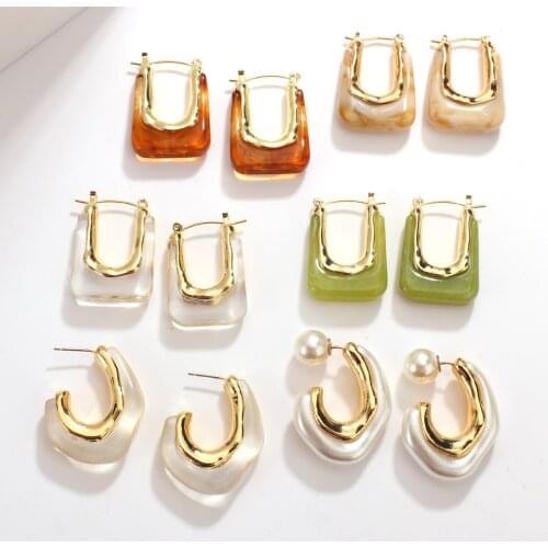 AMORCOME Transparent Resin Hoop Earrings for Women Gold Color Metal Geometric U Shape Irregular Earrings Korean Fashion Jewelry