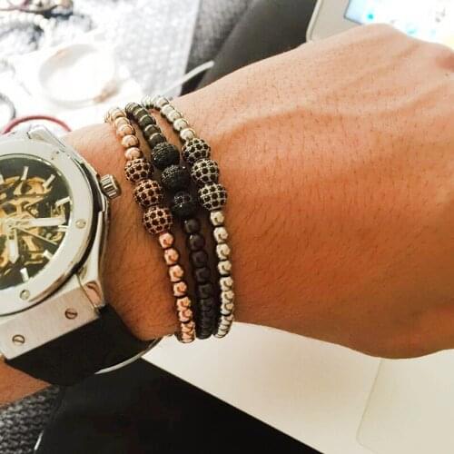 Anil Arjandas Famous Brand Women Bracelet 10mm Pave Setting Black CZ Bead Rose Gold 5mm Round Bead Braiding Bracelet For Men