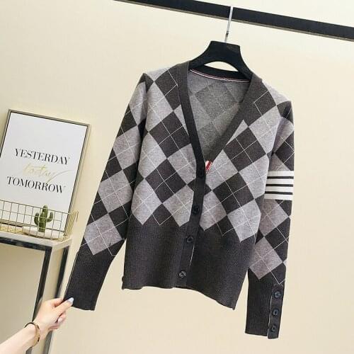 2021 Ladies Cardigans Long Sleeve Knitted Argyle Sweater Women Korean Vest Sweaters Female Jumpers Cardigan Jacket with Buttons