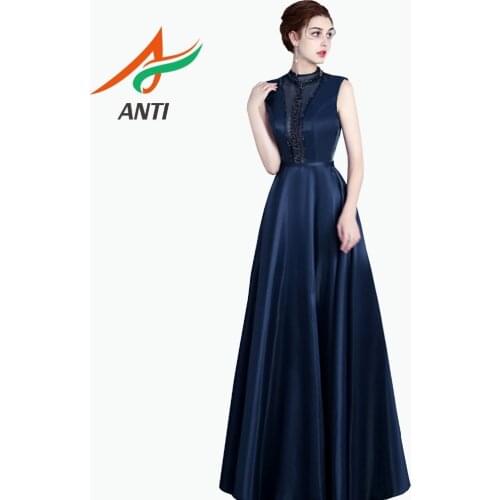 ANTI A Line Dark Blue Evening Dress Long 2019 Formal Party Gowns Women Elegant Sleeveless Vintage Satin Robe De Soiree Hot Sale