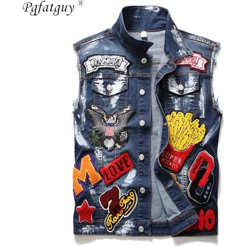 New Mens Denim Vest Washed Embroidery Skull Paint Patchwork Jeans Waistcoats Large Size Foreign Trade Denim Clothing For Man