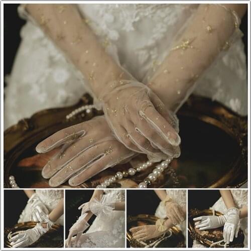 1Pair Wedding Gloves Full Fingers White Champagne Black Long Lace Bowknot Elegant Gorgeous Bridal Gloves Wedding Accessories