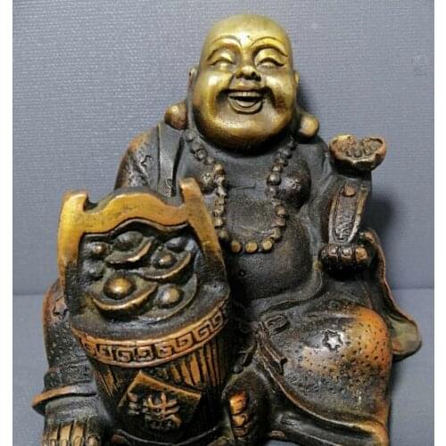 9CM Pure Bronze Gilt Carving Happy Laugh Maitreya Buddha Yuanbao Ruyi Statue