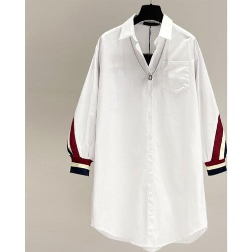 White COTTON Shirt Women Long Sleeve Casual Stripe Patchwork Wear Female Loose Blouses Single Breasted With Pocket Tops