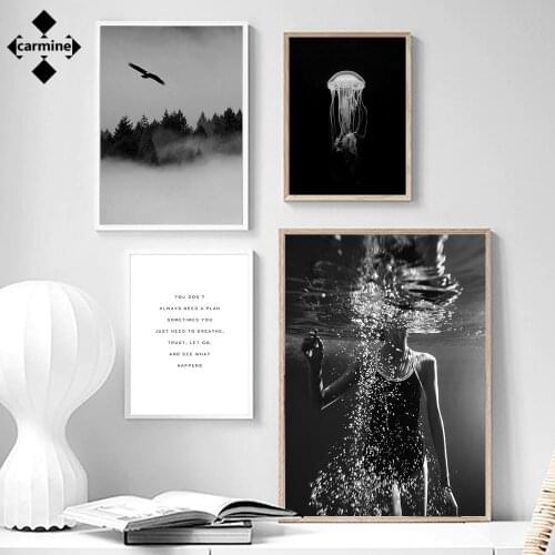 Black and White Poster Wall Art Landscape Canvas Painting Nordic Quotes Poster and Print Forest Eagle Print Pictures Home Decor